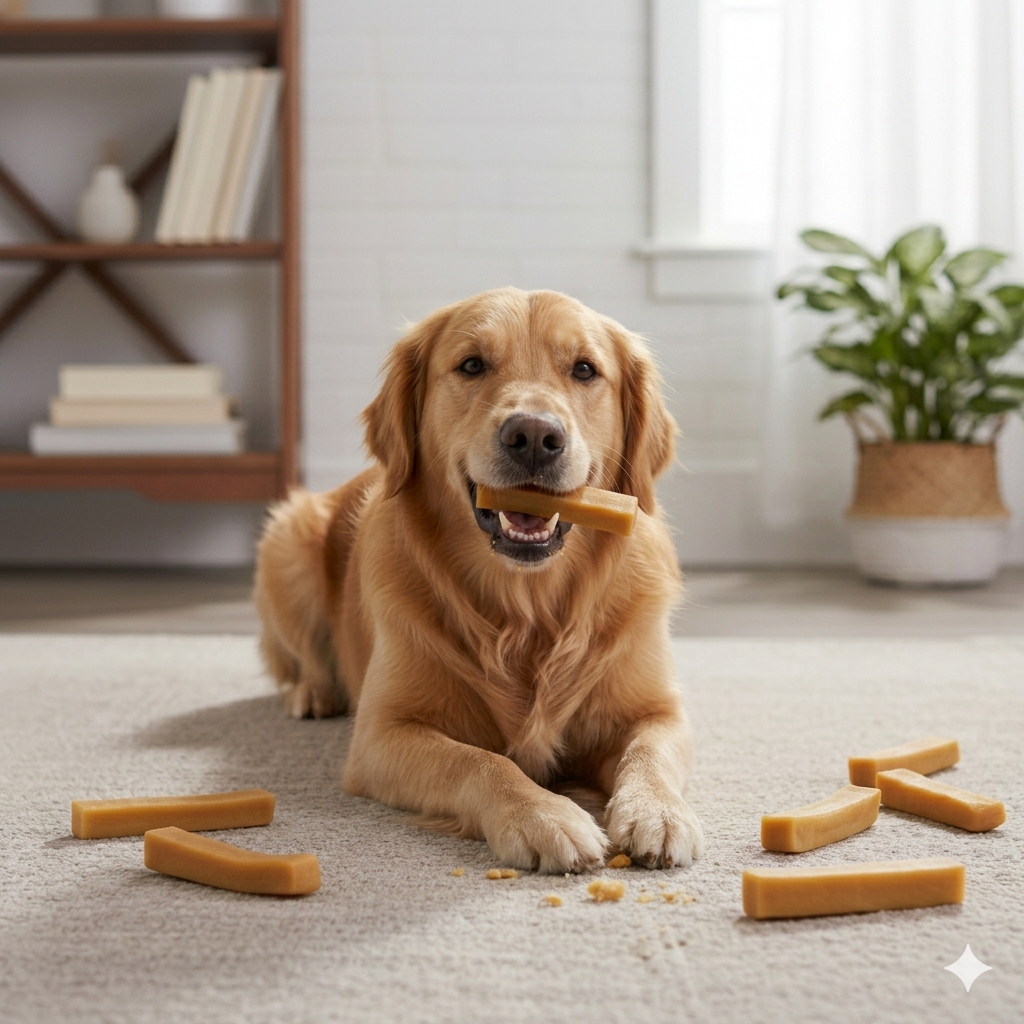 Happy dog enjoying Waggery World's Himalayan yak milk chew